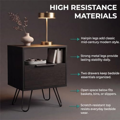 Tuhome Augusta Nightstand, Small Night Stand with Storage Drawer & Open Shelf, 22.2" Tall Narrow Bedside Table on Metal Hairpin Legs, Engineered Wood, Black or Light Oak - color: Black