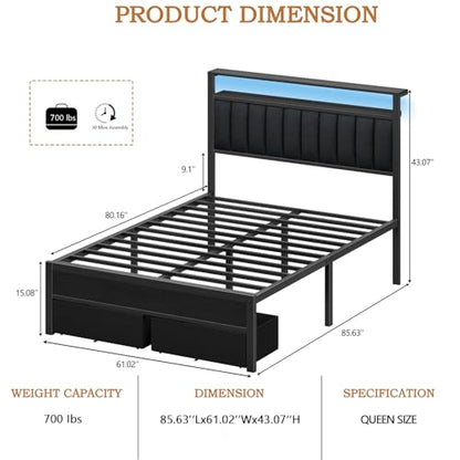 Queen Bed Frame with Storage Drawers and Upholstered Headboard | Metal Platform Bed with Charging Station, LED Lights, 2 Tier Shelves, Fabric Drawers. No Box Spring Needed, Noise Free, Grey - size: Queen
