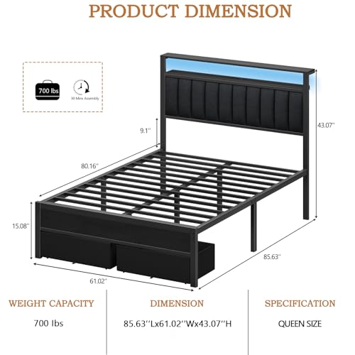 Queen Bed Frame with Storage Drawers and Upholstered Headboard | Metal Platform Bed with Charging Station, LED Lights, 2 Tier Shelves, Fabric Drawers. No Box Spring Needed, Noise Free, Grey - size: Queen