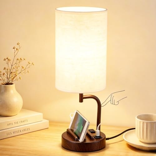 Dreamholder Touch Control USB Table Lamp with USB C/A & AC Outlet, 3-Way Dimmable Bedside Lamp, Modern Nightstand Lamps for Bedroom Living Room Guest Room Office, Bulb Included, Walnut - color: Wanut