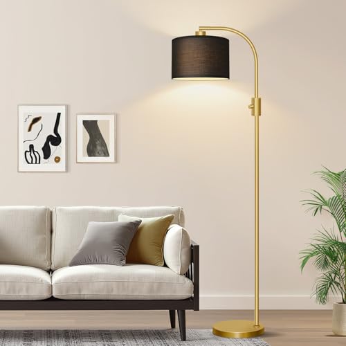 Nintiue Upgraded Modern Arc Dimmable Tall Standing Floor Lamp with Black Shade, 1200 Lumens LED Bulb Included, for Living & Reading Room, Bedroom, Office & Nursery, Gold - color: Gold-Black Shade
