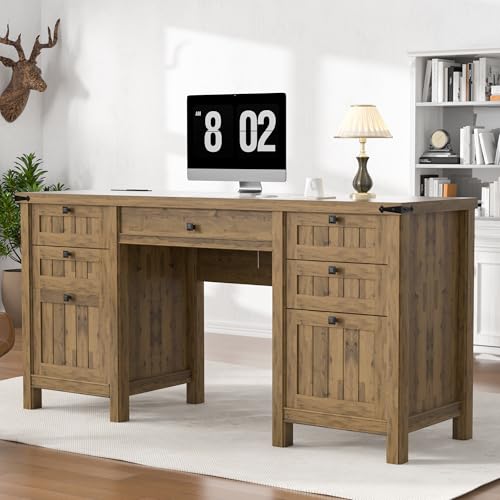 62" Executive Desk Home Office Desk with File Drawer & Cabinet | Farmhouse Computer Desk with Charging Station for Work Study Writing Cabinet Storage Workspace Light Brown - color: Light Brown, size: 62"