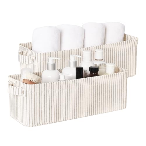 StorageWorks Fabric Narrow Storage Bins, Khaki and Beige Stripes, 2-Pack | With Metal Frame, Sturdy Structure, Reinforced Handles, Toilet Paper Storage, Small Baskets for Bathroom, Closet, Shelf - color: Khaki and Beige Stripes, size: 15"L x 6"W x 5"H