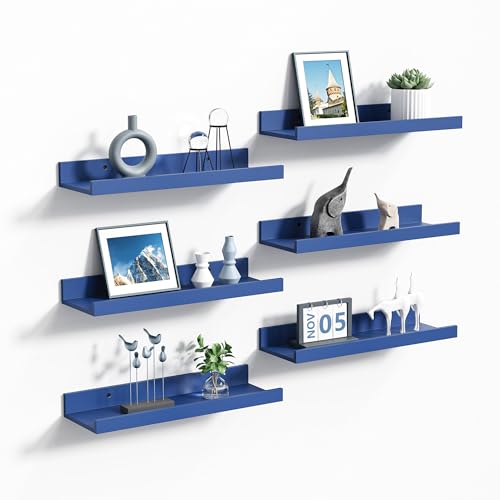 upsimples Floating Shelves for Wall Decor Storage, Navy Blue, 6Pcs, 15.7'' | Wall Mounted Wood Shelves for Living Room, Bedroom, Bathroom, Kitchen, Office, Laundry Room Display and Organize - color: Navy Blue, size: 15.7in