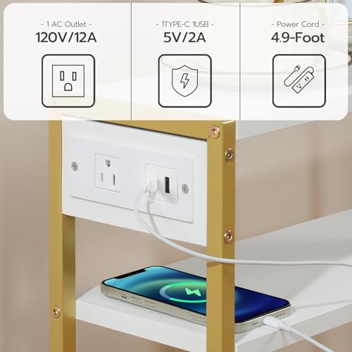 HOOBRO Small Narrow Side Table with Charging Station, Skinny End Table for Small Spaces, Slim Nightstand with USB Ports Outlet, Sofa Beside Table with Storage Shelf, White and Gold DW102UBZ01 - color: Gold + White