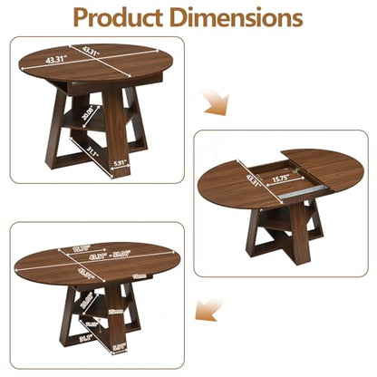 Modern Round Dining Table for 4-8, 43-59" Extendable Oval Dining Table with Leaf, Kitchen Table with Storage Shelf & Wood Cross Base, Circle Tables for Living Room Kitchen, Space Saving (Walnut) - color: Walnut