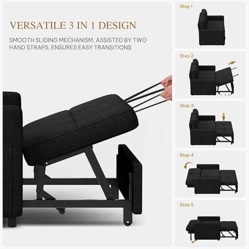 YITAHOME 55" Convertible Sofa Bed | 3-in-1 Sleeper Sofa with Iron Frame Pull-Out Bed, Linen Futon Couch with Reclining Backrest and Side Pocket, Modern Loveseat - color: Black, size: 71.2 x 46.4in