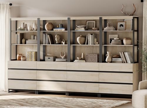WAMPAT 4 PCS Modern 72" Tall Bookshelf with 6 Drawers and Open Book Shelves, Library Bookcase with Storage Cabinet and Metal Base, Wood Freestanding Bookshelves for Home Office, Living Room, Beige - color: Beige-b, size: 4 PCS