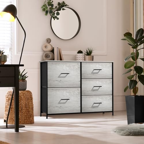 Sorbus Dresser with 5 Faux Wood Drawers - Storage Unit Organizer Chest for Clothes - Bedroom, Hallway, Living Room, Closet, & Dorm Furniture - Steel Frame, Wood Top, & Easy Pull Fabric Bins - color: Greige, size: 11.9"D x 33.5"W x 27.6"H (5 Drawers)