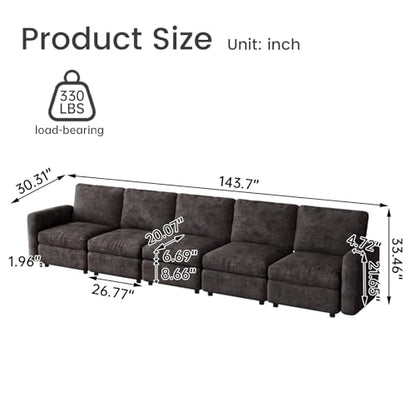 Guyii 143.7" Grey 5-Piece Sofa Set, Extra-Large 5-Seater Modular Sectional Sofa, Modern Convertible Sectional Couch for Living Room, Bedroom, Home - color: Grey, size: 5 Seat Sofa (No Ottoman)