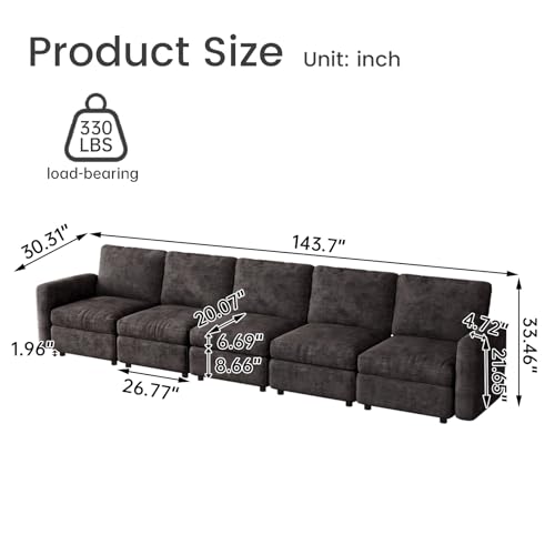 Guyii 143.7" Grey 5-Piece Sofa Set, Extra-Large 5-Seater Modular Sectional Sofa, Modern Convertible Sectional Couch for Living Room, Bedroom, Home - color: Grey, size: 5 Seat Sofa (No Ottoman)