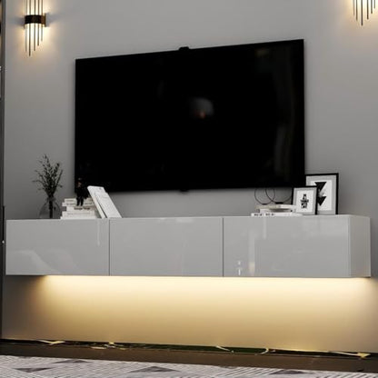 Floating TV Stand with LED for TVs up to 70", High Gloss Wall Mounted Entertainment Center for Living Room, White Modern Wood Media Console for Bedroom - size: 63"W x 14"D x 10"H