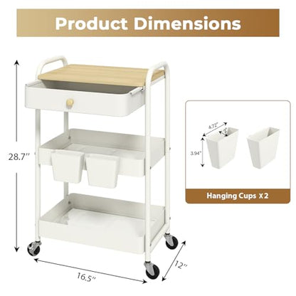 3 Tier Rolling Cart with Wooden Table Top, White Rolling Utility Cart with Drawer & Locked Wheels, Easy Assembly for Nursery, Living Room, Studio - color: White