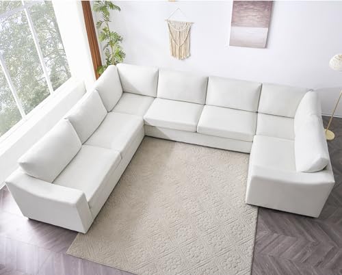 Convertible Sectional Sofa, U Shaped Couch, Natural Linen Fabric Couches with Extra Deep Seats, Big Comfy Couch Upholstered Modern Corner Sofa for Living Room, Office, White - color: White, size: 136 Inch - U Shaped(7 Seat)