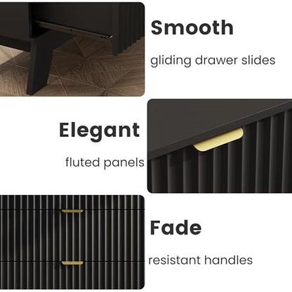 Night Stand Set 2, Bedside Table & End Table, Mid Century Modern Fluted Wood Nightstand with 3 Drawers & Metal Handles, Farmhouse Nightstand for Bedroom, Black - color: Black, style: 3 Drawers-2 PCS