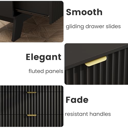 Night Stand Set 2, Bedside Table & End Table, Mid Century Modern Fluted Wood Nightstand with 3 Drawers & Metal Handles, Farmhouse Nightstand for Bedroom, Black - color: Black, style: 3 Drawers-2 PCS