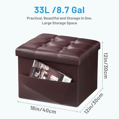 Bsketa Storage Ottoman Bench,16 Inch Folding Leather Foot Rest Stool, Brown | Small Ottoman with Side Pockets, Thicker Foam Padded Seat, Livingroom, Dorm, Bedroom, Easy to install, 38L,16x12x12in - color: Brown-with Side Pockets..