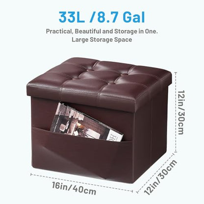 Bsketa Storage Ottoman Bench,16 Inch Folding Leather Foot Rest Stool, Brown | Small Ottoman with Side Pockets, Thicker Foam Padded Seat, Livingroom, Dorm, Bedroom, Easy to install, 38L,16x12x12in - color: Brown-with Side Pockets..