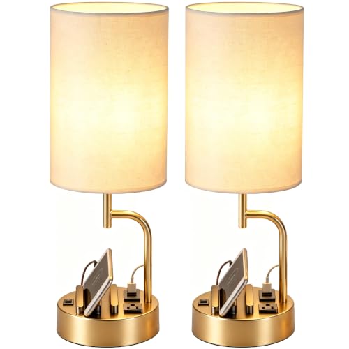 Dreamholder 2 Pack Table Lamp, Bedside Lamp with 3 USB Charging Ports & AC Outlet, USB Desk Lamp with 2 Phone Holders, Linen Fabric Shade Nightstand Lamps for Bedroom Living Room Office, Gold - color: Gold