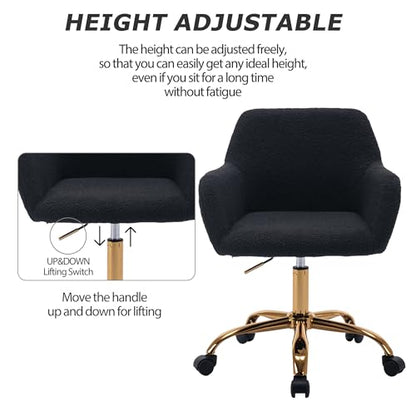 Faux Fur Office Desk Chair, Comfy Swivel Armchair with Wheels, Upholstered Fuzzy Vanity Chair, Adjustable Seat Height, Black | Fluffy Swivel Modern Armchair Upholstered Fuzzy Height Adjustable for Teens Women Girls Elegant for Living Room Bedroom - color: