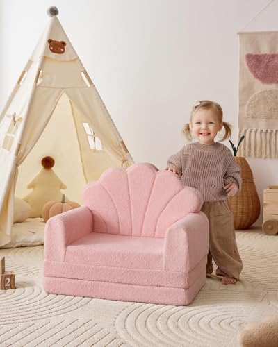 Blissful Diary Kids Couch, 2-in-1 Soft Kids Sofa, Kids Sofa Chair, Comfy Kids Furniture for Playroom, Reading & Play, Shell Pink - color: Shell Pink