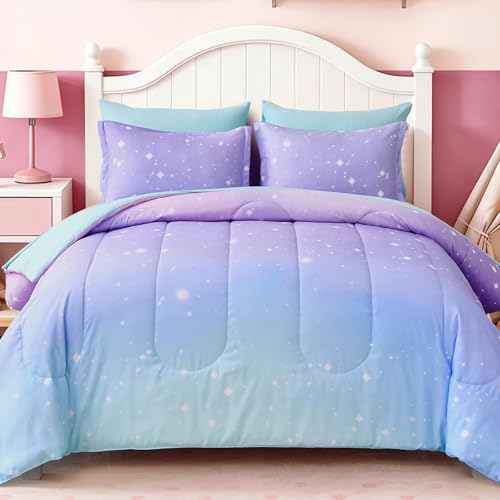 Dinjoy Girls Comforter Set 7 Pieces, Queen Size Colorful Ombre Rainbow Bedding Set, Bed in A Bag for Kid Teen Girls (1 Comforter, 1 Flat Sheet, 1 Fitted Sheet, 2 Pillow Shams, 2 Pillowcases) - color: Blue Pink, size: Queen