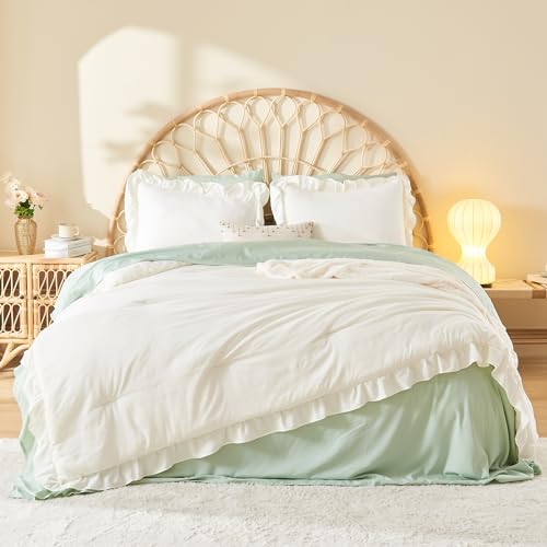 Litanika King Comforter Set, 3 Pieces Ivory Ruffle Bedding Set | Farmhouse Shabby Chic Aesthetic Soft Fluffy Lightweight Breathable Bed Set for Girls Women Room Decor Gift All Season - color: 04 - Ivory, size: King (104"x90")