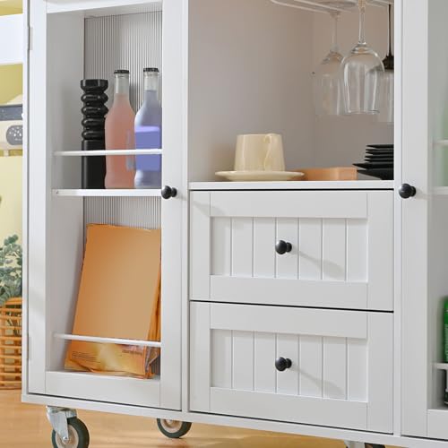 Kitchen Island Cart with Drop Leaf 13 Storage Areas 5 Lockable Wheels Solid Wood White Modern Kitchen Island Table Cart Rolling for Small (White)