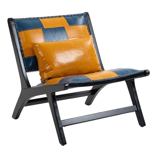 Mid-Century Modern Accent Chair, Low-Profile Lounge Chair with Solid Wood Frame, Faux Leather Upholstered Patchwork Design for Living Room, Bedroom & Reading Corner(Blue-Yellow) - color: Blue-yellow