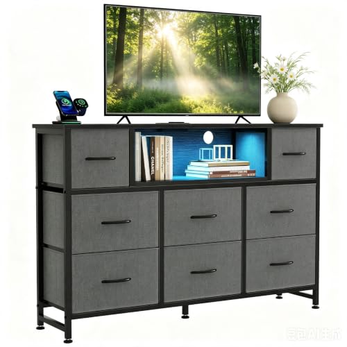 DUMOS LED TV Stand with 8 Fabric Drawers and Open Storage Shelf, Entertainment Center with Charging Station, Wood Top Media Console for 45-55 inch TVs, Bedroom, Gray - color: Grey, size: 11.8"D x 47.2"W x 31.5"H (8 Drawers)