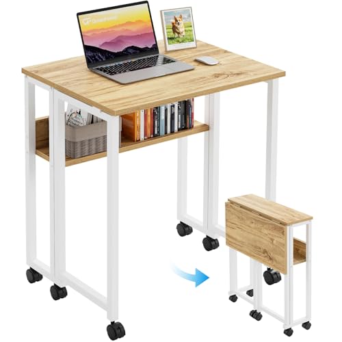GreenForest Folding Desk with Wheels, 24.8" Rolling Table for Small Spaces | Storage Shelf, Lockable Casters, Compact Portable Workstation, Space-Saving Foldable Sofa Table, Home Office, Mobile, Oak - color: Oak, size: 24.8 inch
