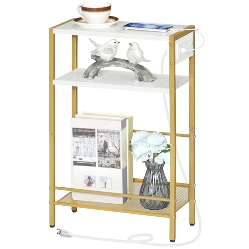 HOOBRO Small Narrow Side Table with Charging Station, Skinny End Table for Small Spaces, Slim Nightstand with USB Ports Outlet, Sofa Beside Table with Storage Shelf, White and Gold DW102UBZ01 - color: Gold + White