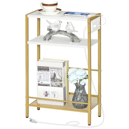 HOOBRO Small Narrow Side Table with Charging Station, Skinny End Table for Small Spaces, Slim Nightstand with USB Ports Outlet, Sofa Beside Table with Storage Shelf, White and Gold DW102UBZ01 - color: Gold + White