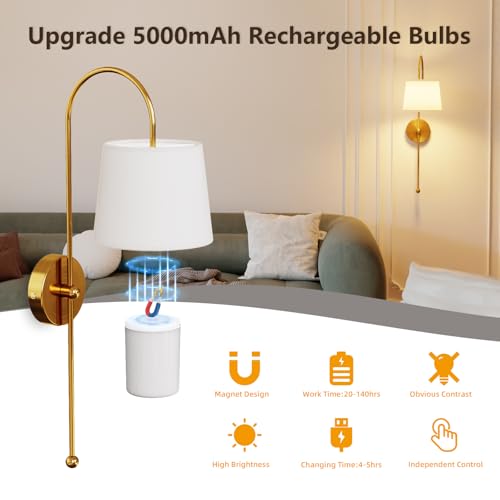 Battery Operated Wall Sconces Set of 2, Rechargeable Wall Sconce | Battery Powered Wireless Wall Lights with Dimmable Magnetic RGB Bulbs & Remote, Lamp for Living Room Bedroom - Gold - color: Gold