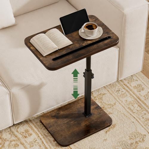 TV Tray Side Table for Couch | 360° Swivel, Adjustable Height Rotating, C Table End Table Laptop Desk, Phone & Tablet Slot - color: Rustic Brown