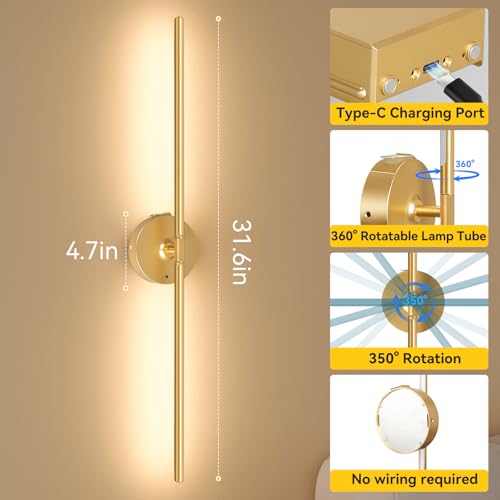 Battery Operated Wall Sconces Set of 2, 8000mAh Wireless Rechargeable 3000-6000K Dimmable 350° Rotate Wall Light with Remote for Living Room, Bedroom 31.6in Gold - color: Gold, size: 31.6in-Round Base