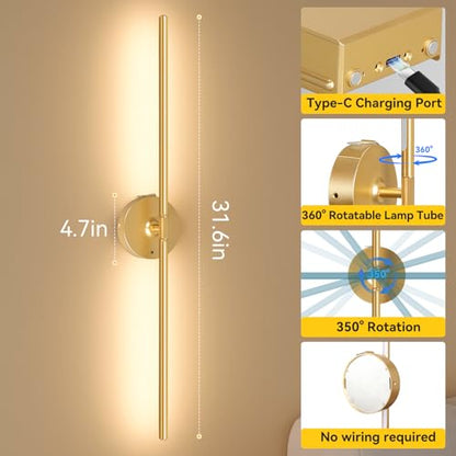 Battery Operated Wall Sconces Set of 2, 8000mAh Wireless Rechargeable 3000-6000K Dimmable 350° Rotate Wall Light with Remote for Living Room, Bedroom 31.6in Gold - color: Gold, size: 31.6in-Round Base