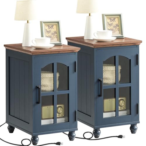 Narrow Side Table Set of 2, Farmhouse Nightstand with Charging Station | End Tables with Glass Barn Door, Cabinet Organizer with Adjustable Shelf, Night Stand for Small Spaces Living Room Bedroom - color: Blue, size: Set 2