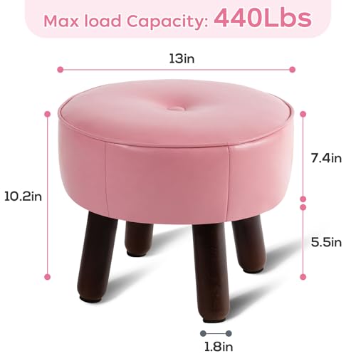 Small Foot Stool Round Pouf Ottoman, Leather Foot Rest with Rubber Legs | 13'' Leather Footrest with Non-Skid, Foolstool Ottomans for Couch, Sofa Step Stool for Living Room Bedroom Entryway, Pink - color: Pink