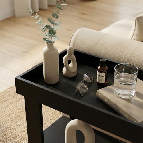 3-Tier Narrow Side Table with Tray Top, Slim Side Table, Black | Farmhouse Narrow End Table with Storage, Modern Slim Table Nightstand for Small Spaces, Bedroom or Living Room - color: Black