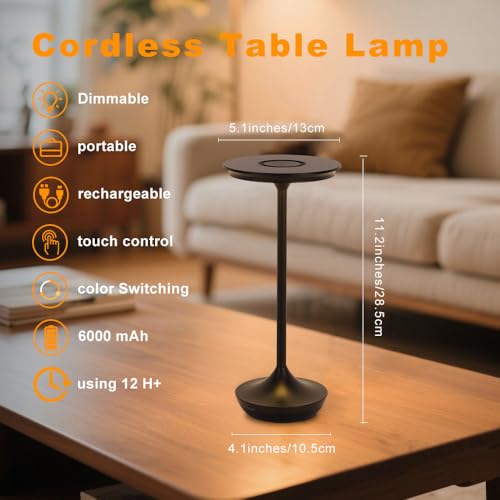 LED Cordless Table Lamp Rechargeable,Portable 6000mAh Battery Outdoor Bedside Table Lamps,3 Color Stepless Dimming Touch Battery Powered Lamp, Table Light for Restaurant/Patio/Camping/Bedroom(Black) - color: Black
