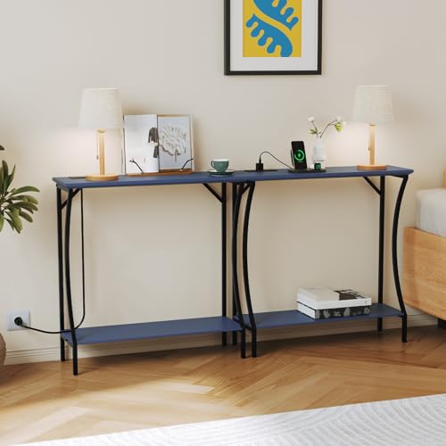 ARTPOWER Console Table with Built-in Power Outlets, Wood Narrow Behind Couch Sofa Table with Charging Station, Skinny Entryway Table with Open Shelf for Living Room, Hallway, Foyer,Set of 2, Blue - color: Blue, size: 2-packs