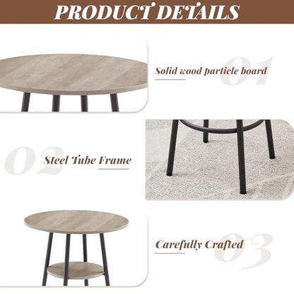 23.6” Diameter Round Bar Table Set for 2 with Storage Shelf, Counter Height Pub Table and Chairs, Small Round Kitchen Table with Backrest Stools for Small Spaces, Breakfast Nook Dining Table - color: Grey, style: Round w/ Upholstered Stool
