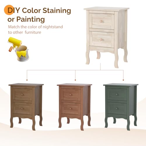 Bonnlo Nightstands Set of 2, Solid Wood Nightstand Unfinished for Color DIY, Small Night Stand for Bedroom, Natural Wood Nightstand with Drawers, Light Wood Nightstands, Real Wooden Bed Side Table - color: Natural Wood