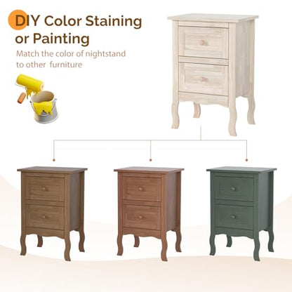 Bonnlo Nightstands Set of 2, Solid Wood Nightstand Unfinished for Color DIY, Small Night Stand for Bedroom, Natural Wood Nightstand with Drawers, Light Wood Nightstands, Real Wooden Bed Side Table - color: Natural Wood