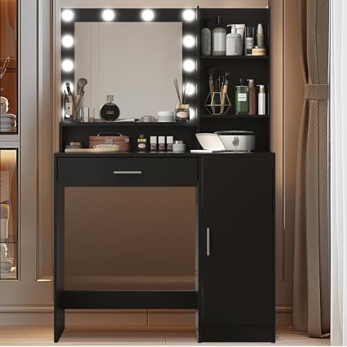 Palimder Vanity Desk with Mirror & Light, Large Drawer Three Level Storage Dresser, 3 Lighting Modes Adjustable Brightness, Bedroom Dressing Table - color: Black