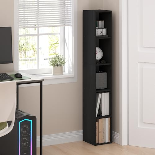 Furinno Fulda Book Shelf, 5-Tier Tall Narrow Bookshelf, Standing Bookcase with 8-in Width Storage Shelf, 9.3 x 7.9 x 51.9, for Organization Storage, for Living Room, Bedroom, Home Office, Blackwood - color: Blackwood, size: 5-Tier, 8W