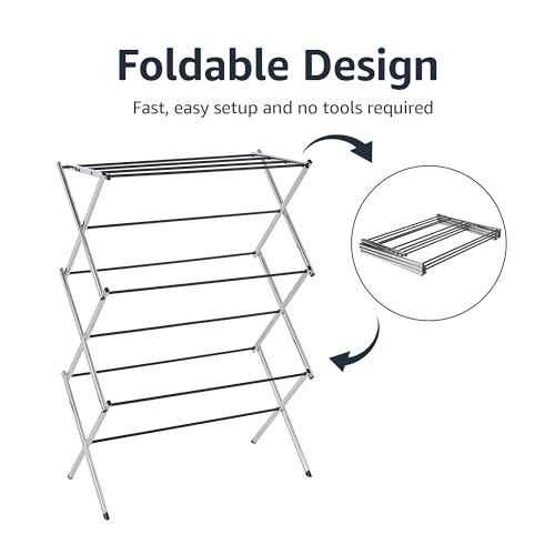 Amazon Basics Foldable Portable Metal Clothes Drying Rack for Indoor Air Drying, Energy Saving, 14.5 x 29.5 x 41.8 inches, Chrome Silver - color: Chrome