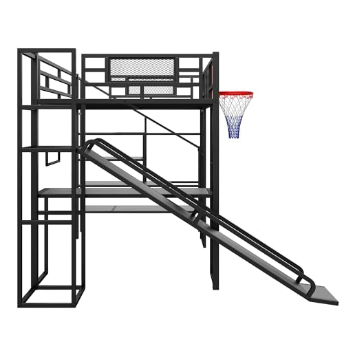 LUMISOL Full Size Loft Bed with Desk and Stairs, Heavy Duty Metal Loft Bed Frame with Storage Shelves and Basketball Hoop, Noise Free, No Box Spring Needed, Black - color: Black, size: Full with Slide