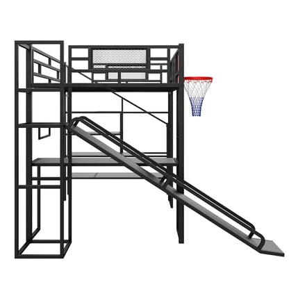 LUMISOL Full Size Loft Bed with Desk and Stairs, Heavy Duty Metal Loft Bed Frame with Storage Shelves and Basketball Hoop, Noise Free, No Box Spring Needed, Black - color: Black, size: Full with Slide